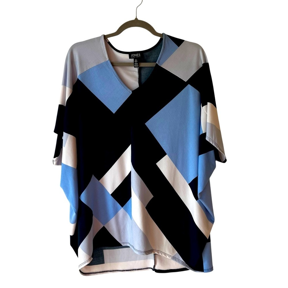 Jones New York Abstract Geo Print Blouse S Blue Black Cream Dolman Sleeve Top